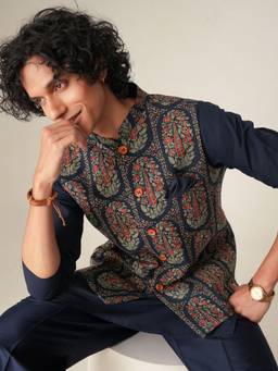 KISAH - Mens Cotton Navy Blue Nehru Jacket