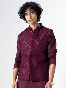 KISAH - Mens Blended Wine Nehru Jacket