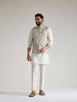 KISAH - Mens Jacquard Green Nehru Jacket