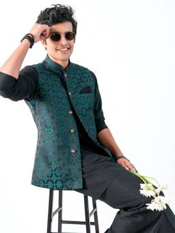 KISAH - Mens Jacquard Blue Nehru Jacket