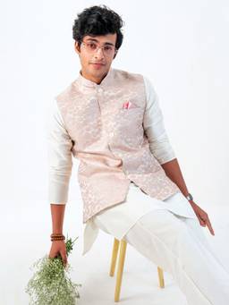 KISAH - Mens Jacquard Pink Nehru Jacket