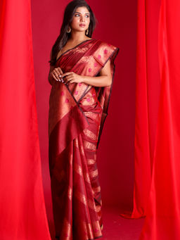 Beatitude - Red Woven Banarasi Saree with Unstitched Blouse