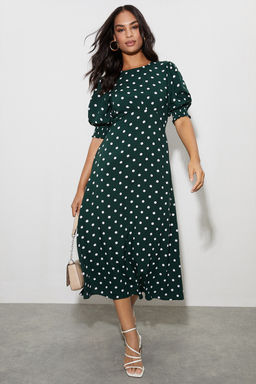 Dorothy Perkins - Green Spot Shirred Cuff Midi Dress (14)