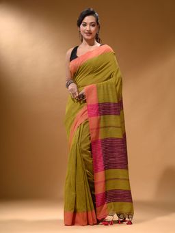 Arhi - Mustard Cotton Handspun Soft Pompom Saree with Unstitched Blouse