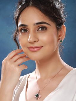 Saraf RS Jewellery - Rose Gold Plated Emerald Green Ad Studded Square Pendant Jewellery Set
