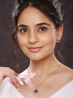 Saraf RS Jewellery - Silver Toned Ruby Red Ad Studded Square Locket Jewellery Set