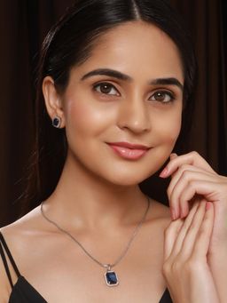 Saraf RS Jewellery - Silver Toned Blue Ad Studded Rectangular Locket Jewellery Set