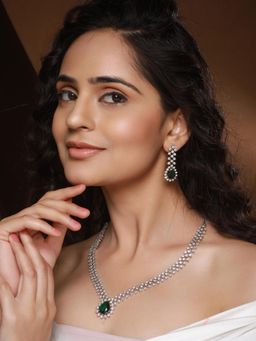 Saraf RS Jewellery - Silver Plated Emerald Green Zircon Ad Studded Delicate Jewellery Set