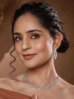 Saraf RS Jewellery - Silver Toned Zircon Studded Leaf Shaped Delicate Jewellery Set