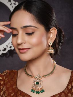 Saraf RS Jewellery - Gold Plated Green Zircon and Pearl Beaded Floral Pipe Jewellery Set