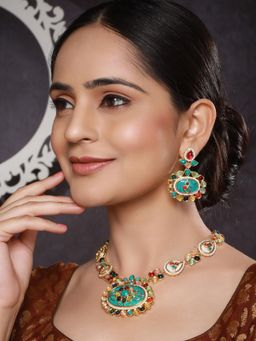 Saraf RS Jewellery - Gold Plated Multi Nav Ratan Kundan Floral Jewellery Set