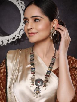 Saraf RS Jewellery - Dual Tone Oxidized Nav Ratan Stone Pearl Beaded Jewellery Set