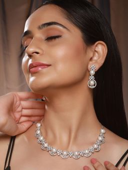 Saraf RS Jewellery - Silver Toned Ad and Pearl Beaded Statement Jewellery Set