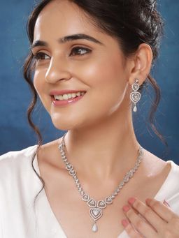 Saraf RS Jewellery - Silver Plated Zircon Studded Heart Shaped Designer Jewellery Set
