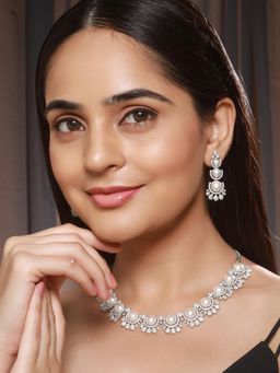 Saraf RS Jewellery - Silver Toned Ad and Pearl Studded Floral Jewellery Set