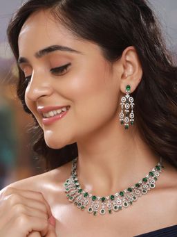 Saraf RS Jewellery - Silver Toned Emerald Green Ad Studded Jewellery Set