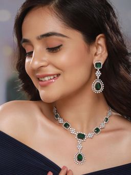 Saraf RS Jewellery - Silver Toned Emerald Green Studded Jewellery Set