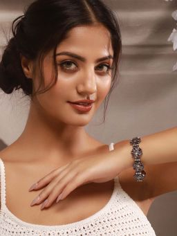 Saraf RS Jewellery - Silver Oxidised Stone Studded Floral Tribal Minimal Adjustable Bracelet (2.4)
