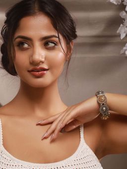 Saraf RS Jewellery - Silver Oxidised Dual Toned Boho Style Adjustable Kada ()