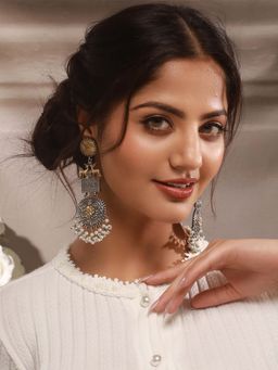 Saraf RS Jewellery - Silver Oxidised Dual Toned Deer Motif Tribal Dangler Statement Earrings