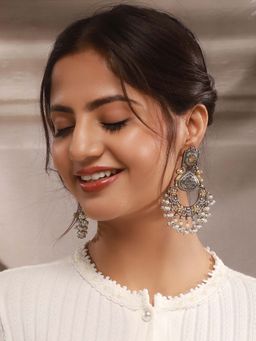 Saraf RS Jewellery - Silver Oxidised Dual Toned Pearl Beaded Floral Filigree Statement Earrings