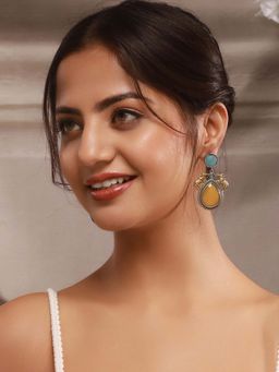 Saraf RS Jewellery - Silver Oxidised Yellow and Blue Stone Studded Bull Motif Statement Earrings