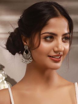 Saraf RS Jewellery - Oxidised Silver Pearl Beaded Tribal Lightweight Earrings