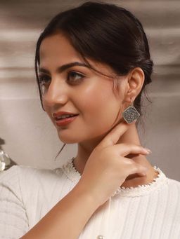 Saraf RS Jewellery - Oxidised Silver Lookalike 5 Paise Stamp Minimal Fishhook Earrings