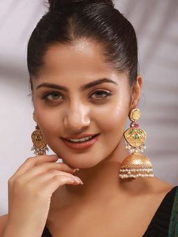 Saraf RS Jewellery - Gold Toned Pearl Beaded Fusion Statement Lightweight Designer Jhumka