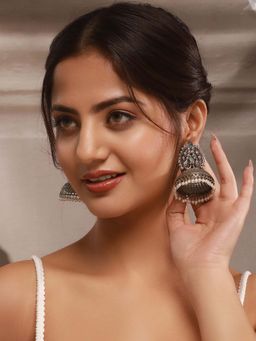 Saraf RS Jewellery - Silver Oxidised Pearl Beaded Filigree Tribal Large Jhumka