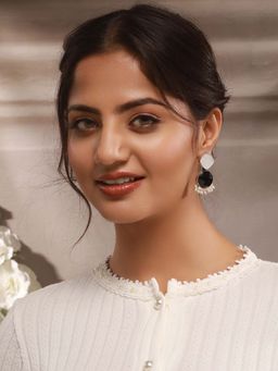 Saraf RS Jewellery - Silver Oxidised Black Stone Studded Pearl Beaded Minimal Drop Earrings