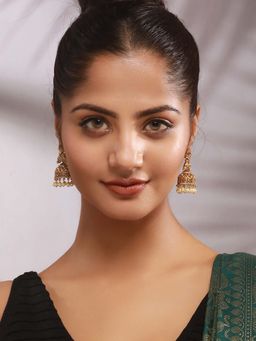 Saraf RS Jewellery - Gold Toned Red Kempo Studded Peacock Temple Bridal Jhumkas