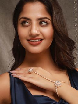 Saraf RS Jewellery - Gold Toned Cz Zircon Studded Designer Bridal Ring Bracelet Hathphool