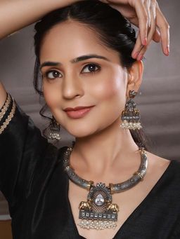Saraf RS Jewellery - Dual Toned Oxidised Silver Pearl Beaded Hasli Deer Motif Jewellery Set