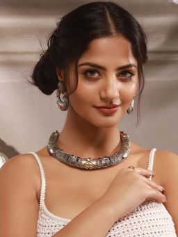 Saraf RS Jewellery - Dual Toned Oxidised Silver Floral Tribal Hasli with Chandbali Jewellery Set