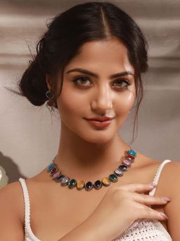 Saraf RS Jewellery - Silver Oxidised Nav Ratan Multi-coloured Minimal Tribal Necklace Jewellery Set