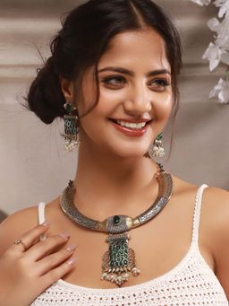 Saraf RS Jewellery - Silver Oxidised Green Stone and Pearl Beaded Tribal Hasli Necklace Jewellery Set