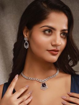 Saraf RS Jewellery - Silver Toned Purple Blue Ad Zirconia Studded Floral Necklace Jewellery Set