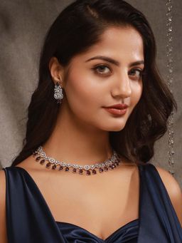 Saraf RS Jewellery - Silver Toned Rhodium Plated Amethyst Ad Zirconia Studded Charms Jewellery Set