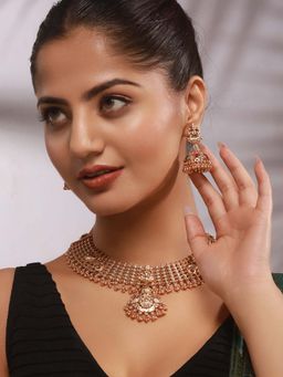 Saraf RS Jewellery - Gold Plated Lakshmi Motif Temple Bridal Necklace Jewellery Set