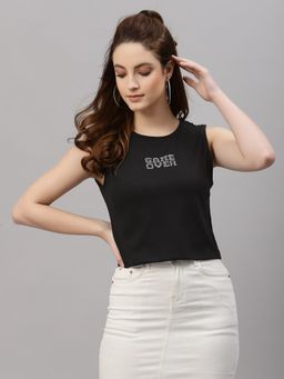 RIGO - Women Black Game Over Printed Cotton Round Neck Tank Top
