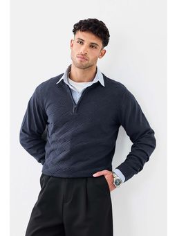 Snitch - Navy Blue Self Design Regular Fit Sweater