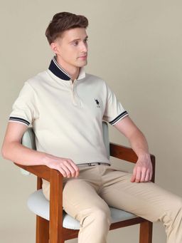 U.S. POLO ASSN. - Beige Solid Regular Fit Polo T-Shirt