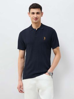 U.S. POLO ASSN. - Blue Self Design Regular Fit Polo T-Shirt