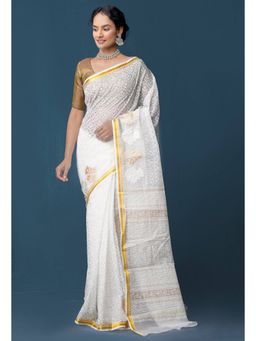 Unnati Silks - Ivory Pure Banarasi Kota With Gold Embossed and Embroidery Saree with Unstitched Blouse