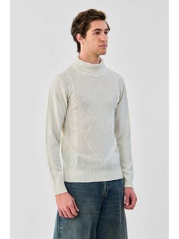 Snitch - Off White Cable Knit Full Sleeves Regular Casual Sweater for Men