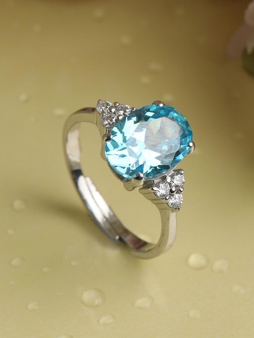 CLARA 925 Silver Rhodium Plated Swiss Zirconia Sky Blue Oval Adjustable Ring For Women & Girls