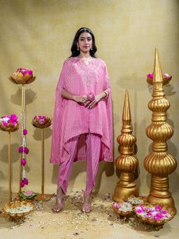 SHEELA SUTHAR - Soft Pink Asymmetric Embroidered Cape Top with Slip and Dhoti (Set of 3)
