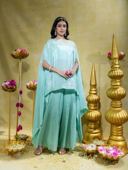 SHEELA SUTHAR - Aqua Asymmetric Embroidered Cape Top with Bralette and Palazzo (Set of 3)
