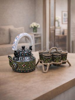 Golden Peacock - Black Floral Hand-Painted Kettle Set